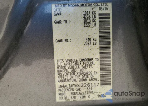 2016 Nissan Altima 2.5 z USA, uszkodzony, nr VIN 1N4AL3APXGC226117